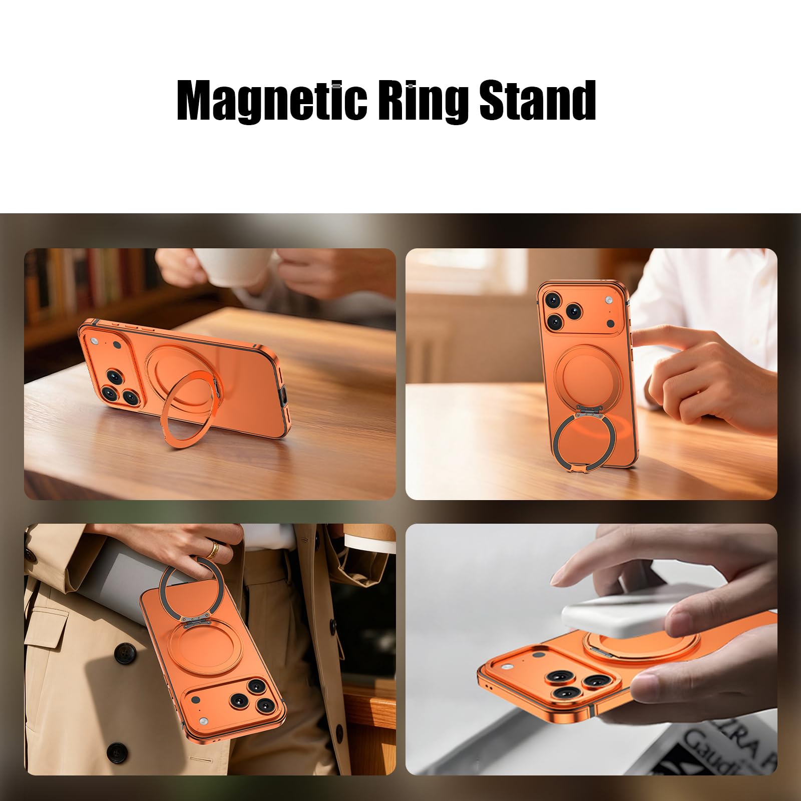 Magnetische Hülle für iPhone 17 Pro Max/17 Pro, Ultradünne Aluminiumlegierung Rahmen Metall Schutzhülle mit Ring Ständer Handyhülle,Silber,17 Pro