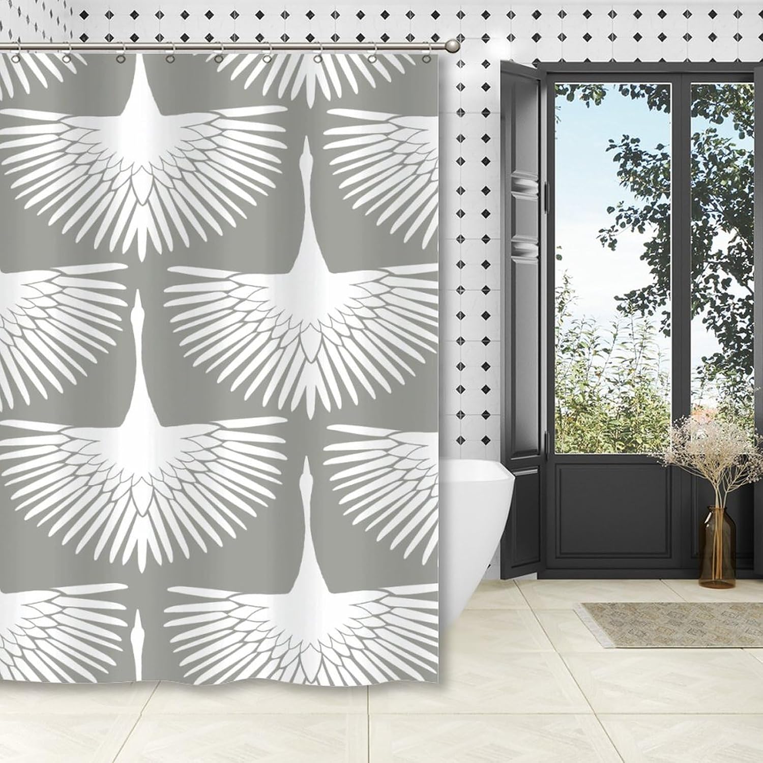 Light Gray Shower Curtains for Bathroom White Swan Bird Flock Chinoiserie Asian Inspired Bath Curtains Boho Shower Curtain 72x72in Polyester Fabric Bath Curtains Set with Hooks image 4