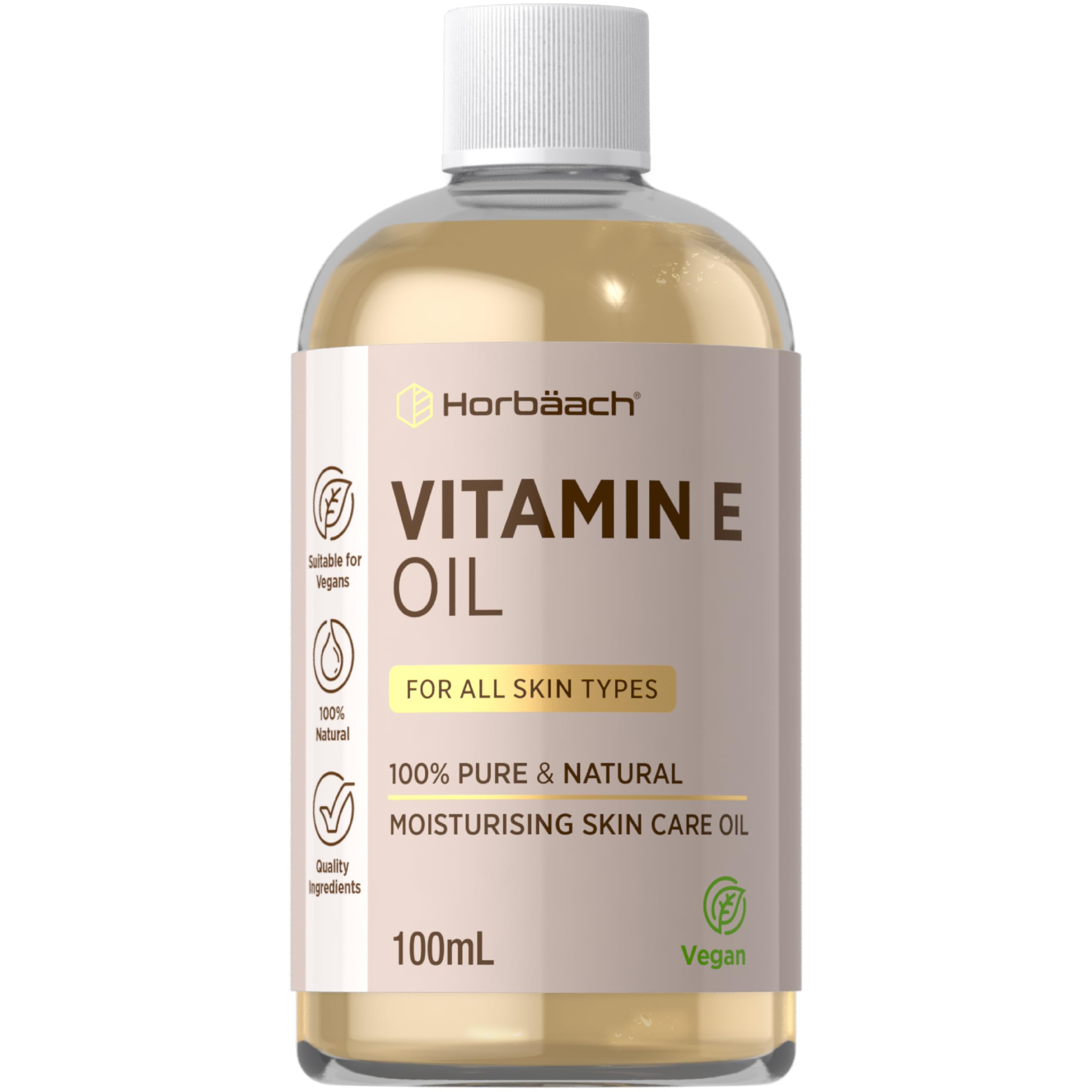 Vitamin E Oil for Skin | 100mL | Pure and Natural Vitamin E Tocopherol Oil for Daily Use | Moisturising and Nourishing for All Skin Types | Suitable for Vegetarians and Vegans | By Horbaach
