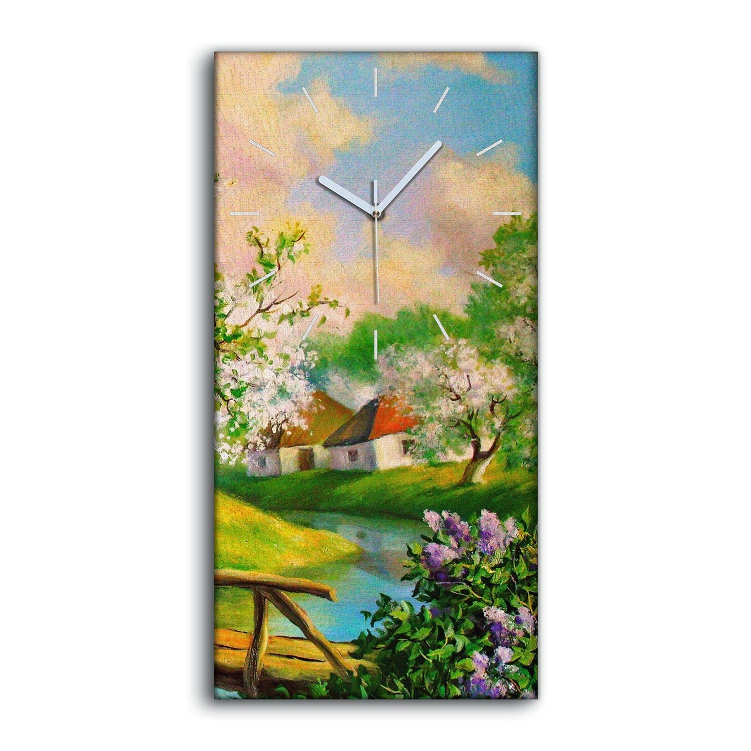 Horloge sur Toile 30x60cm Paysage de Rivière et Fleurs pour Salon