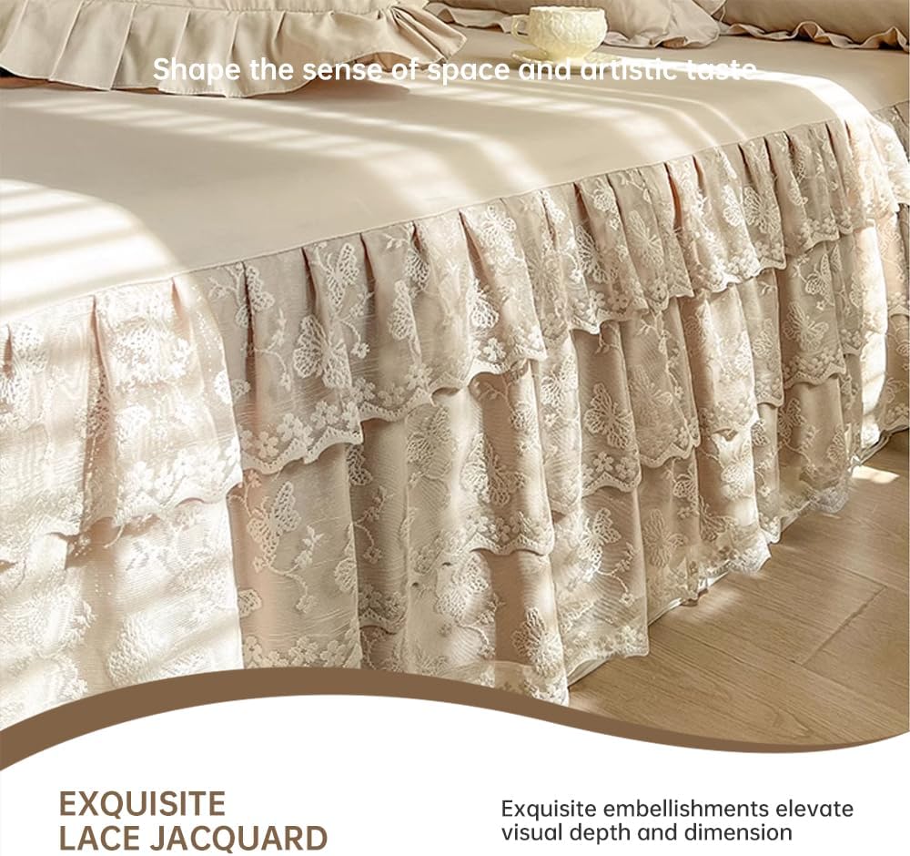 Butterfly Lace Bed Skirt 17 Inch Drop, Easy Fit Dust Ruffle Queen Size Bed Wrap Around Bedskirts & Bedsheet Anti Wrinkle