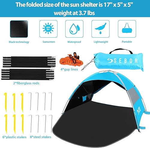 Miniatura 2 de SEBOR Tienda de campaña de playa, sombra de playa portátil para 3 a 4 personas con protección UPF 50+, tienda de campaña de playa fácil de instalar,