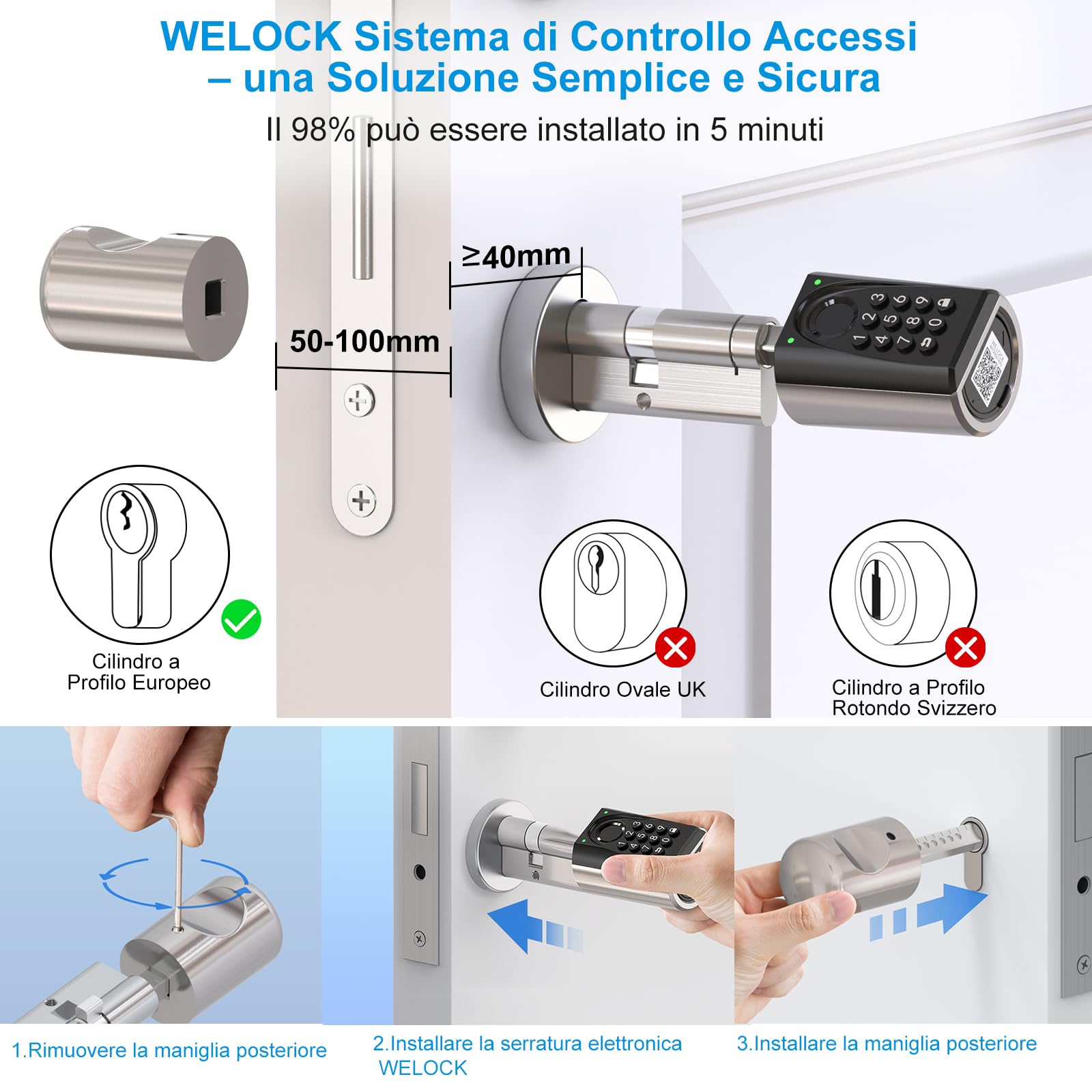 WELOCK ToucA51 Pro Serratura Smart,Serratura Impronta Digitale con Password,Carte RFID e APP,serratura elettronica WiFi,Cilindro 40x30 per porte da 50 a 100mm,Smart Lock Facile Installazione