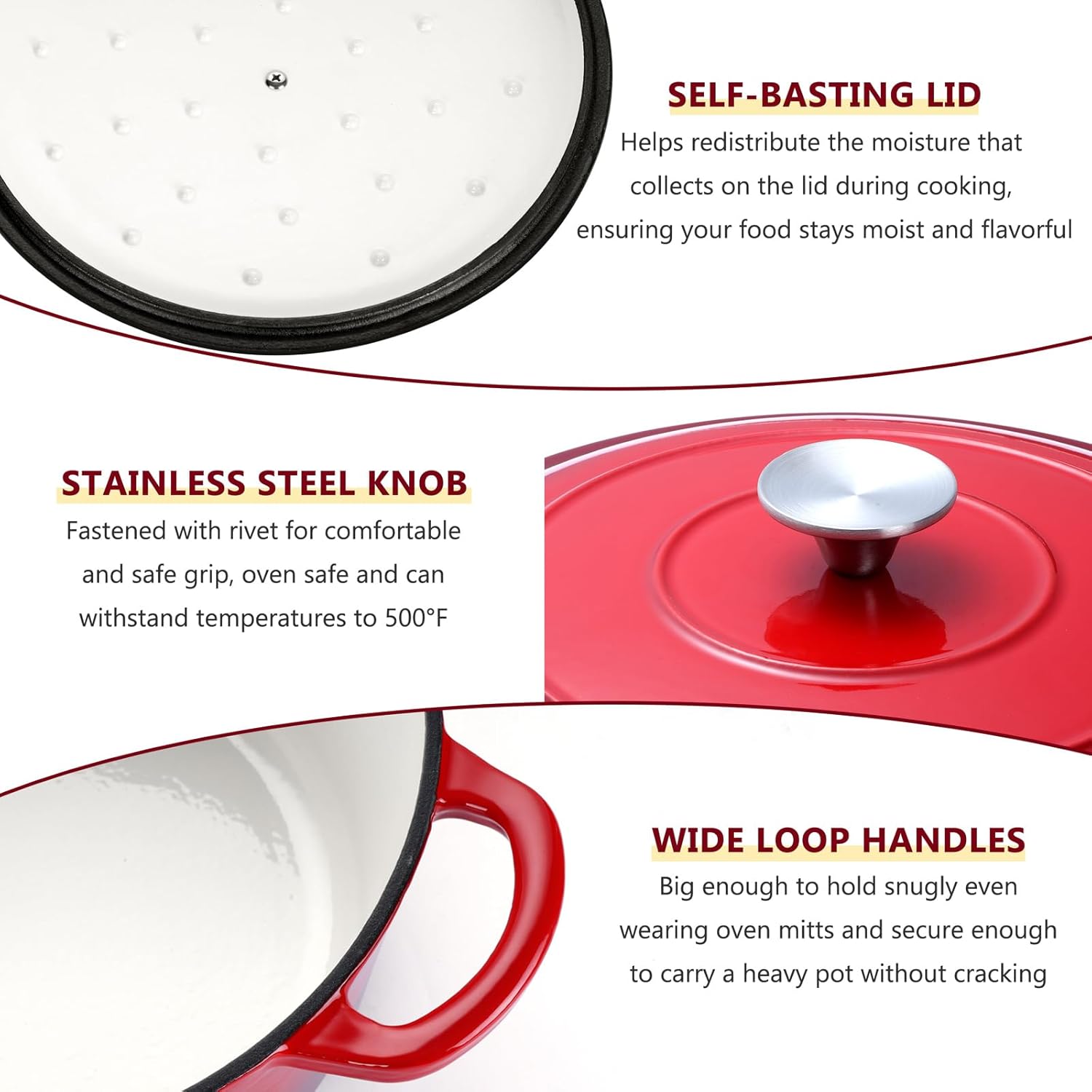 E-far Enameled Cast Iron Dutch Oven with Lid, 6 Quart Round Dutch Oven Pot Nonstick Cookware for Braising, Stews, Roasting, Bread Baking, Cooking, Heavy Duty, Induction & Oven Safe - Red - Image 7