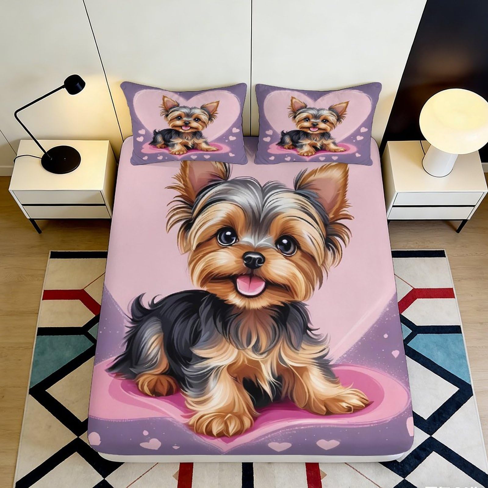 Jqzkxnhpbr Style-7 3D Printed Yorkshire Terrier Fitted Sheet Microfiber Soft Pink Cartoon Dog Bed Cover For Bedroom Guest Room Dorm Mattress Protection 90X200x25cm