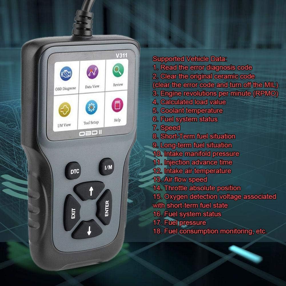 Bigking V311 OBD2 Scanner displaying a list of supported vehicle data.