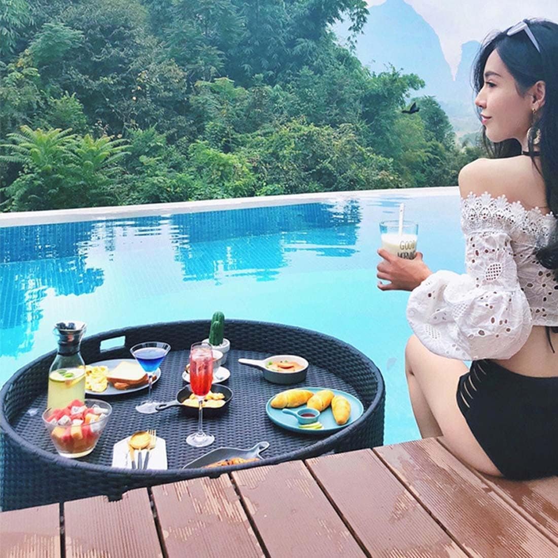 Prettiee Waterproof Bamboo Serving Tray Outdoor Food Tray for Poolside or Breakfast Slish Design for Entertaining and Dining. (Negro 60 cm)