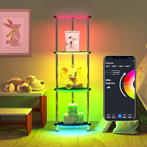 Lámpara de pie con estantes de altura ajustable RGB lámpara de pie con sincronización de música LED lámpara de pie de esquina con estación de carga, disponible en Yaxa Peru