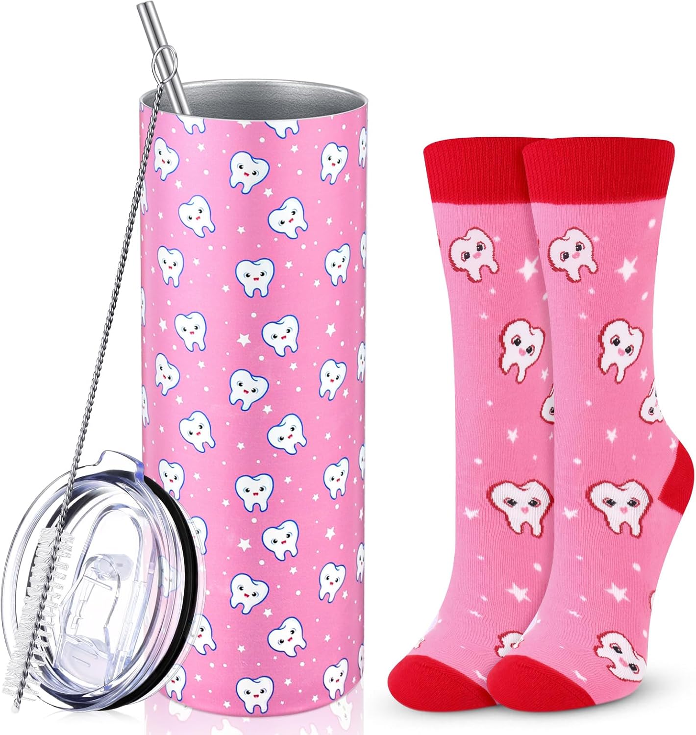 Umigy 2 Pcs Dental Hygienist Gifts 20 oz Teeth Tumbler with Lid and Tooth Sock Dental Assistant Gifts Stuff for Appreciation Week Nurse Doctor Dentist Employees Birthday Accessories(Pink)