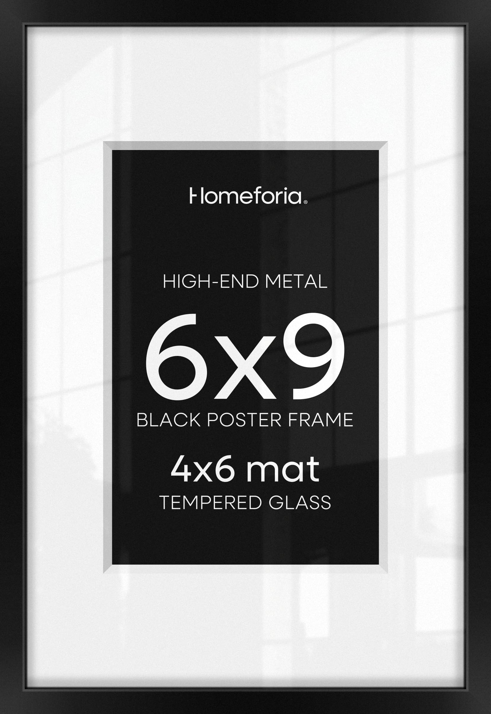 6x9 Picture Frame Black, High End Metal 6 x 9 Black Frames with Mat 4 x 6 for Art, 9x6 Desk Frame Matted to 4x6 inch Photo, 6 by 9 Wall or Tabletop Frames, Tempered Glass, Wall Kit, Set of 1