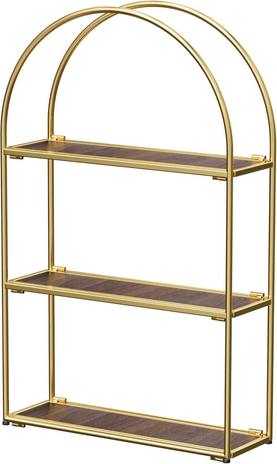 Crofy Gold Arched Frame Wall Shelf, Decorative 3 Tier Bathroom Wall Shelf with Walnut Finish Shelves and Robust Storage Capacity, 6" D x 17.9" W x 28.57" H Gold Frame & Walnut Shelf 3 Tier