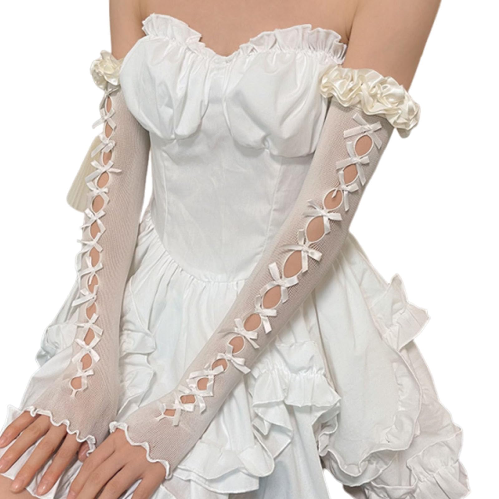 RED-SHYN Lolita Lace Fingerless Gloves Gothic Bow Long Arm Warmers Y2k Tulle Accessories for Women Halloween Wedding Bridal Prom Wrist Cuff