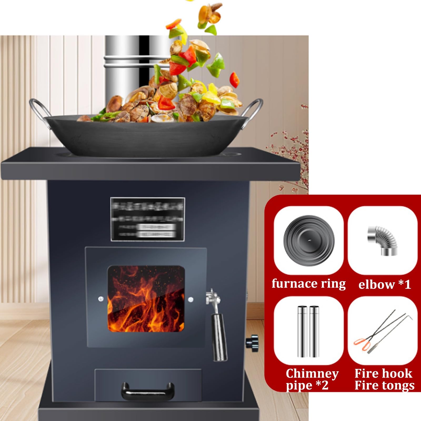 Stufa a legna resistente, rivestimento interno in ghisa, corpo in acciaio, stufa a legna con tubi per camino e forno per riscaldamento interno ad alta efficienza energetica