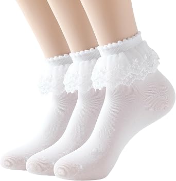 SRYL Women Ankle Socks, Lace Ruffle Frilly Cotton Trim Double Layer, Princess Dress Socks H08