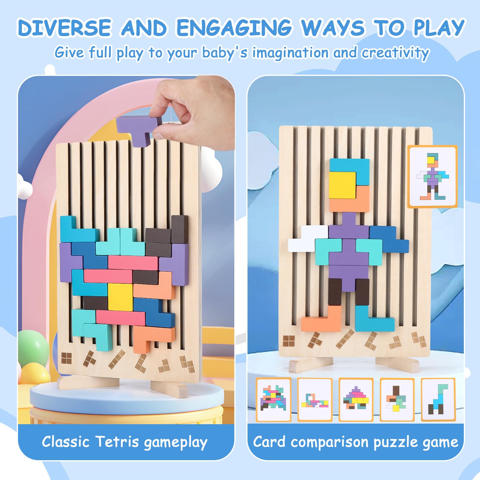 Drewniana gra Tetris, gry Montessori dla dzieci w wieku 3, 4, 5 i 6 lat, drewniane puzzle, drewniane puzzle 3D Montessori, drewniane puzzle z klockami do układania w stosy i 10 kartami, kolorowe