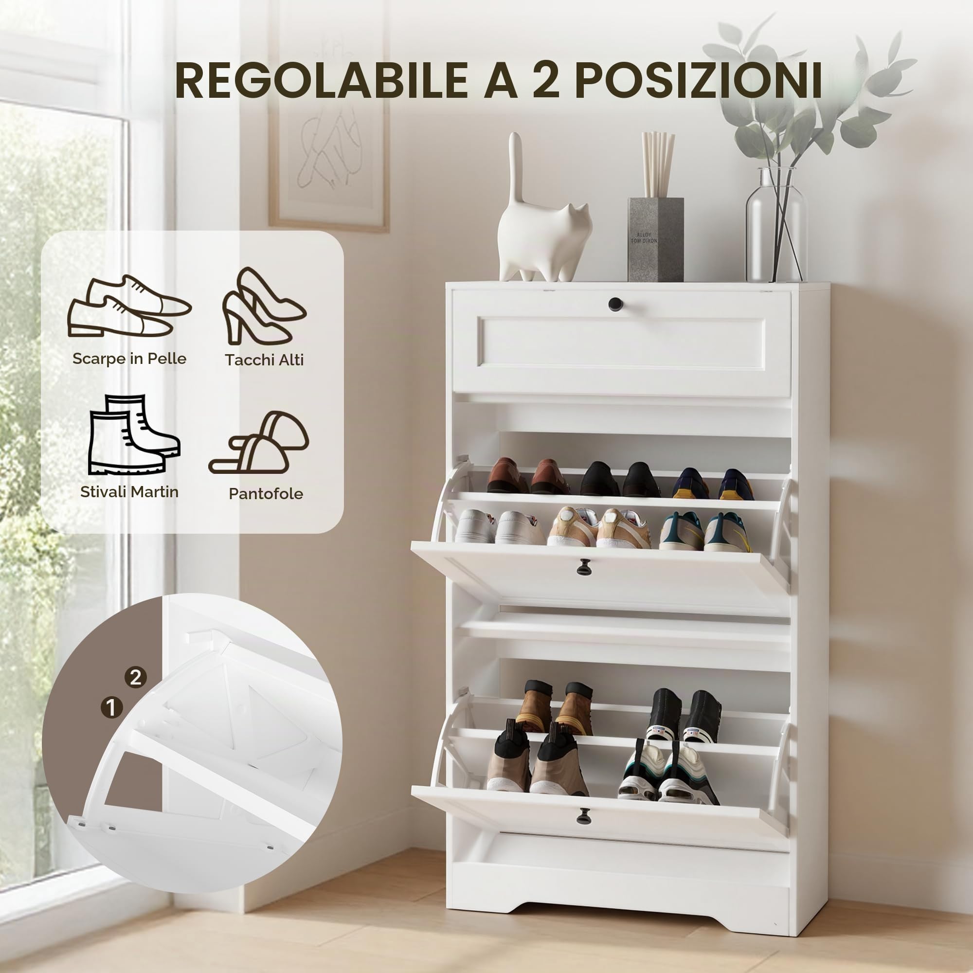 Xbro Scarpiera Slim Salvaspazio da Ingresso, Mobile Scarpiera Stretta 60 cm con 2 Ante a Ribalta e 1 Cassetto, Profondità 24 cm, Sistema Anti Ribaltamento, 60x24x102 cm, Bianco