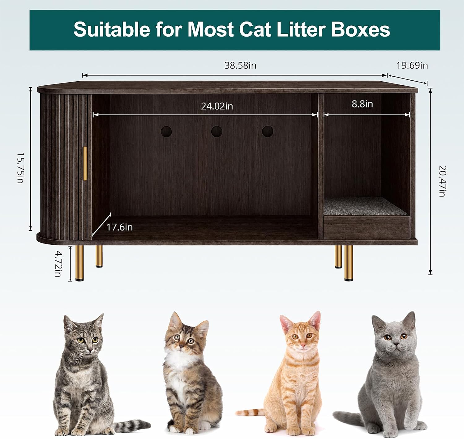 DHH Cat Litter Box Enclosure with Scratch Pad, Sliding Door, 38.5" Cat Litter Furniture Hidden Litter Box Cabinet, Modern Indoor Cat House, TV Stand, Side End Table for Living Room(Coffee Brown)