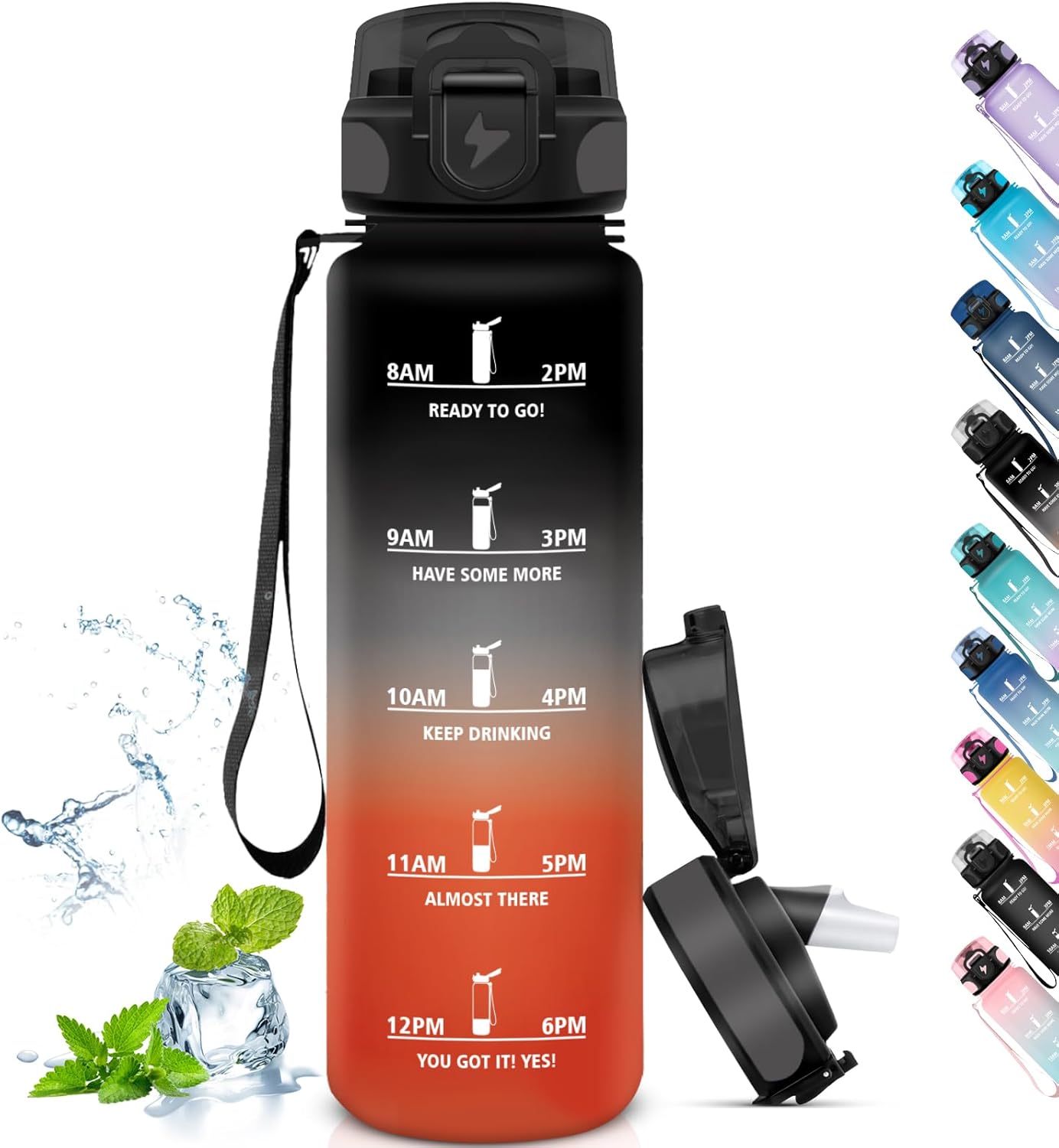 Grsta 1 L Sports Water Bottle with Straw, Leak-Proof, Motivational, Time Marking, BPA-Free, Perfect for Hiking, Fitness, Yoga, Camping, Outdoor