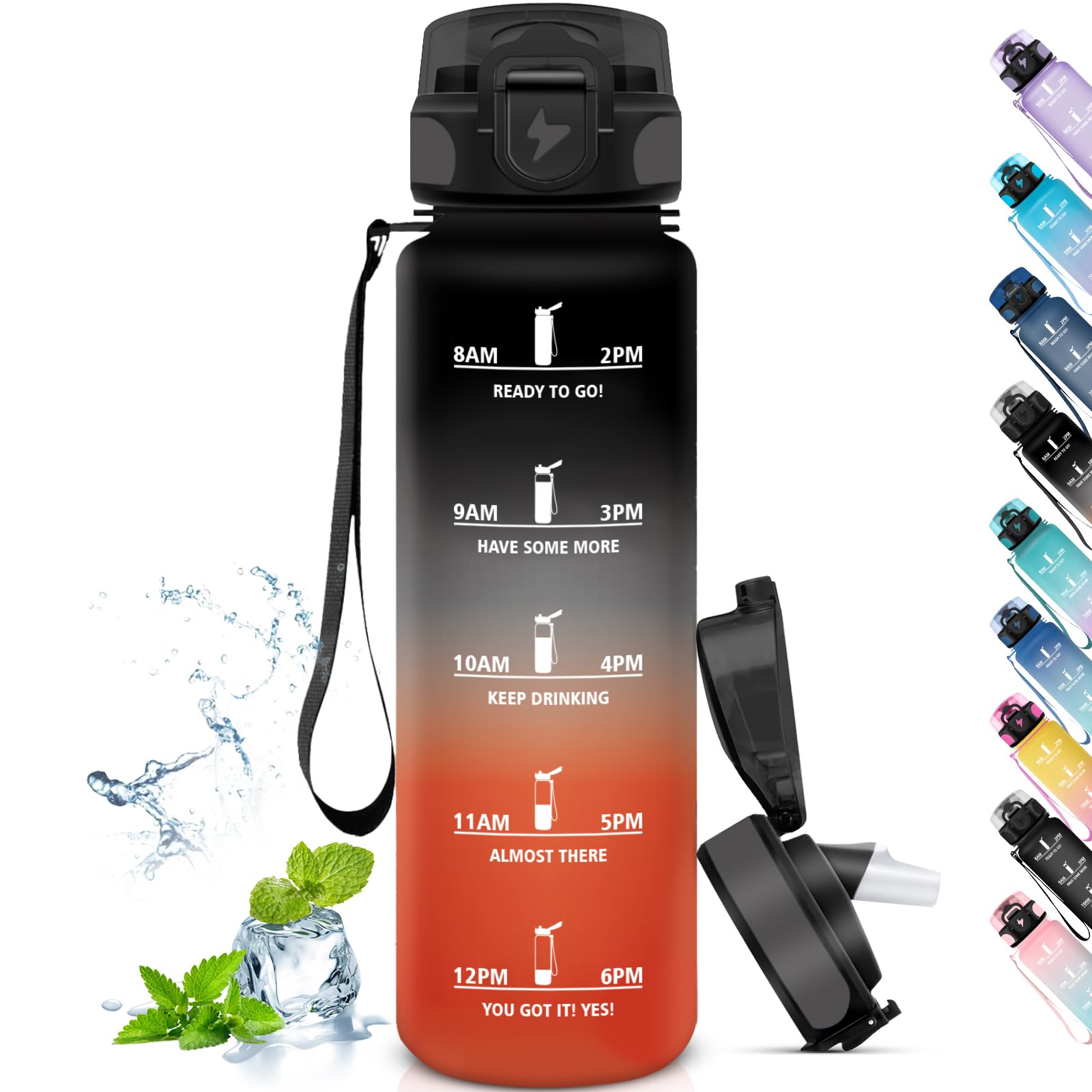 GrstaWater Bottle 1 L, Sports Water Bottle with Straw, Leak-Proof Drinking Bottle for Hiking, Motivational Water Bottle, Water Bottle with Time, Water Bottle for Fitness, Yoga, Camping, Outdoor