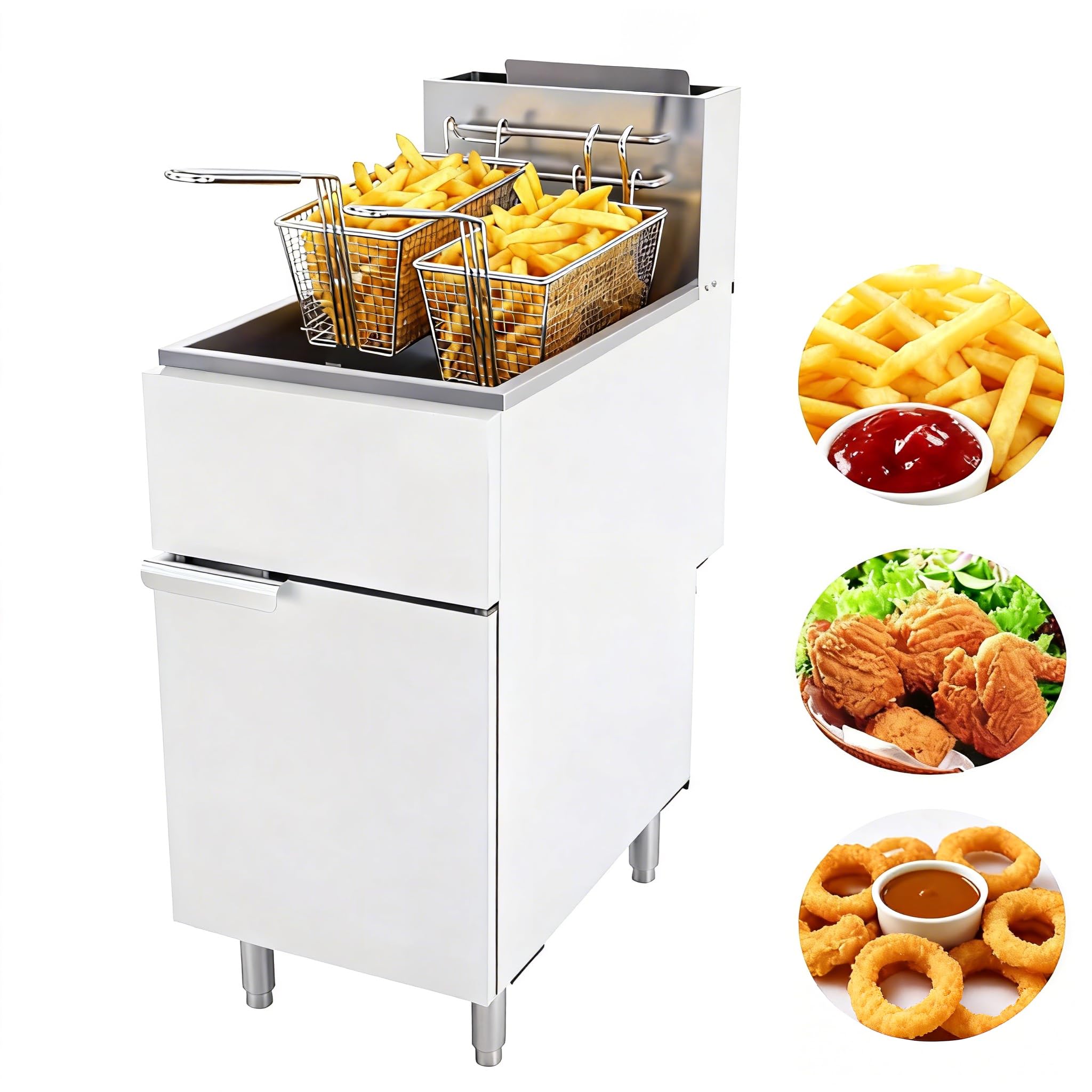Commercial Deep Fryer, 4-Burner Fryer for Restaurants, Stainless Steel Gas Floor Fryer with 2 Baskets and Adjustable Temperature, Natural Gas Powered, 50 LBS Capacity, 400°F, 120000 BTU