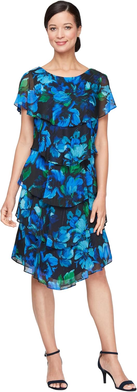 S.L. Fashions Women's Short Sleeve Floral Tiered Chiffon Cocktail Spring/Summer, Wedding Guest Dress