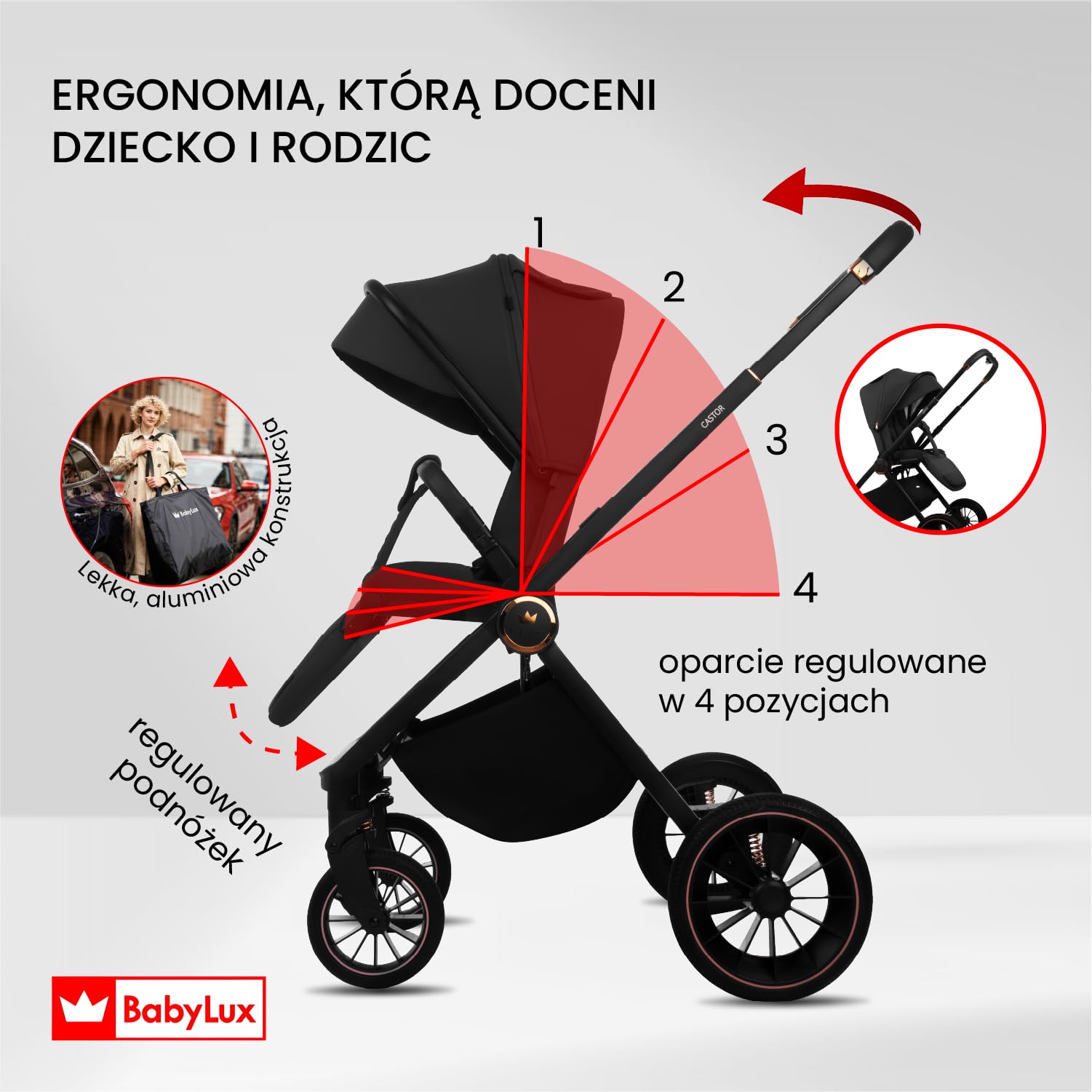 BabyLux Wielofunkcyjny Wózek Dziecięcy 2w1 CASTOR Lekki i Kompaktowy | Gondola i Spacerówka z Akcesoriami, Składana Aluminiowa Konstrukcja Stelaża, Regulowane oparcie, Żelowe Koła, Amortyzacja