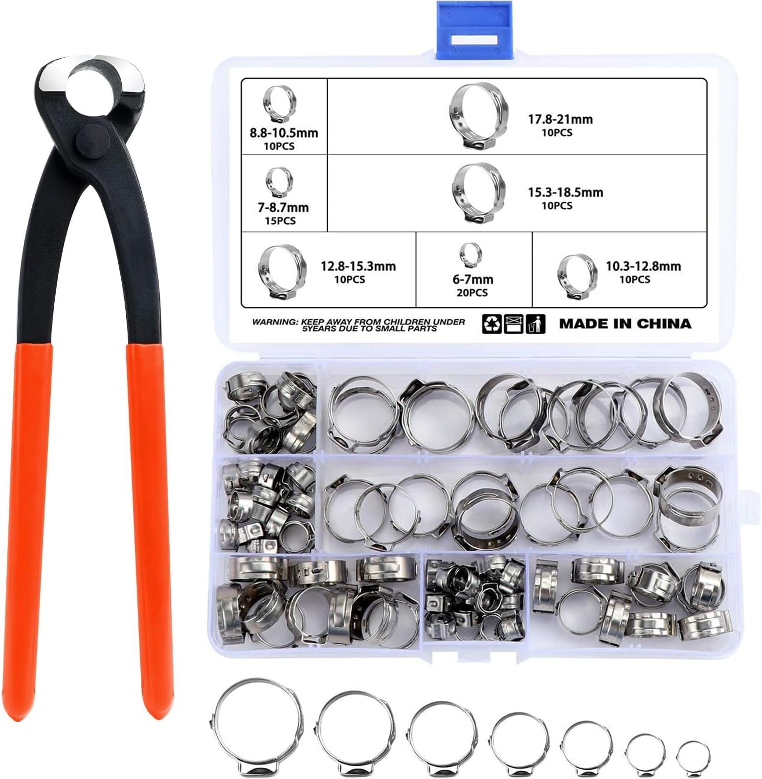 85PCS 304 Stainless Steel 6-21mm Single Ear Hose Clamps, Hose Clamp Set, Cinch Clamp Rings Hose Clips with Clamp Pliers