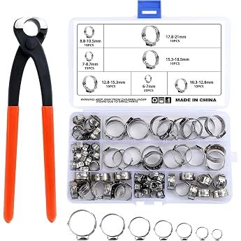 85pcs 304 Stainless Steel 6-21 mm Single Ear Hose Clamps Hose Clamp Set Strap Clamp Rings Hose Clamps with Clamping Pliers