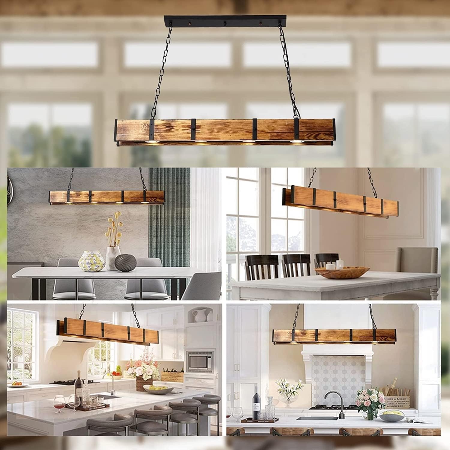 Wood Beam with 4X3W Led Spotlight Rectangle Farmhouse Island Lights Pool Table Rustic Chandelier Light Fixture