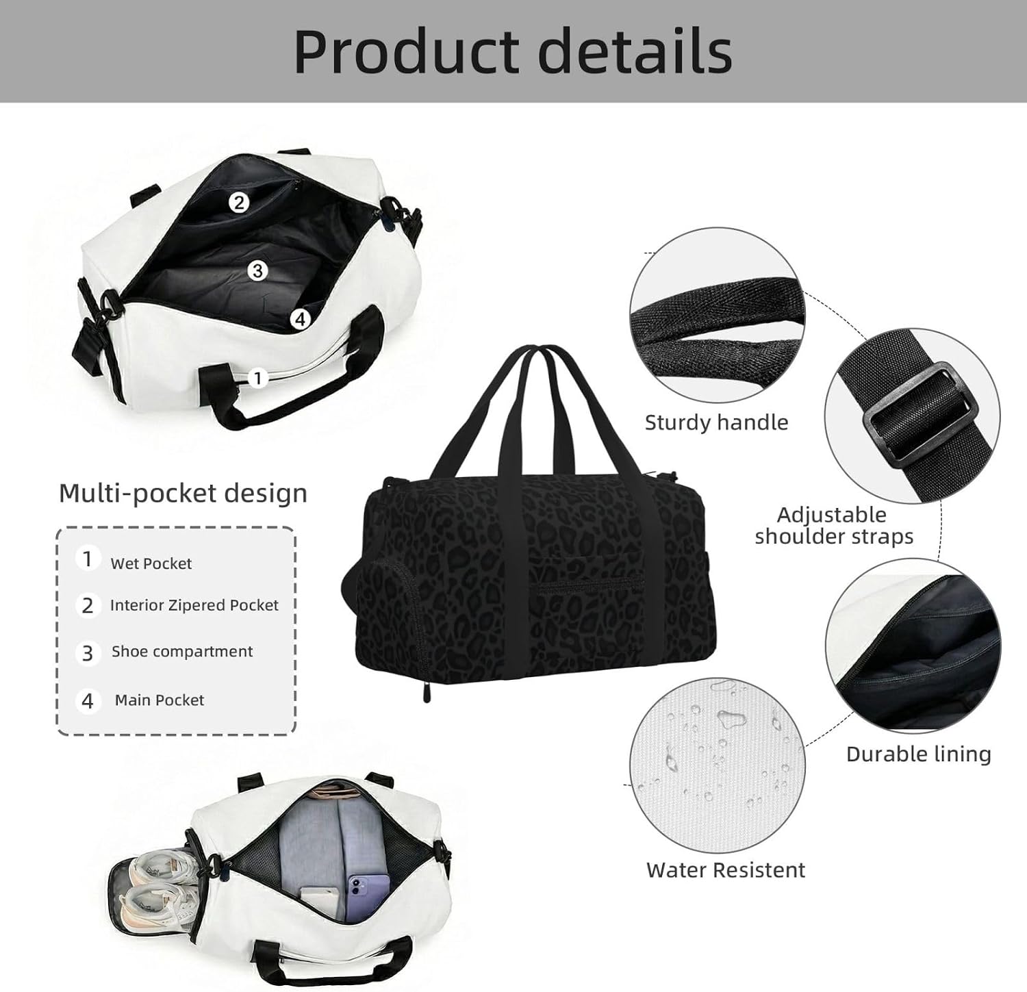 Leopard Print Black Sports Gym Bag For Men Women Travel Duffel Bag With Shoe Compartment Water Resistant Gym Bag Carry On Duffel Bag For Yoga Gym Sports Weekend Traveling