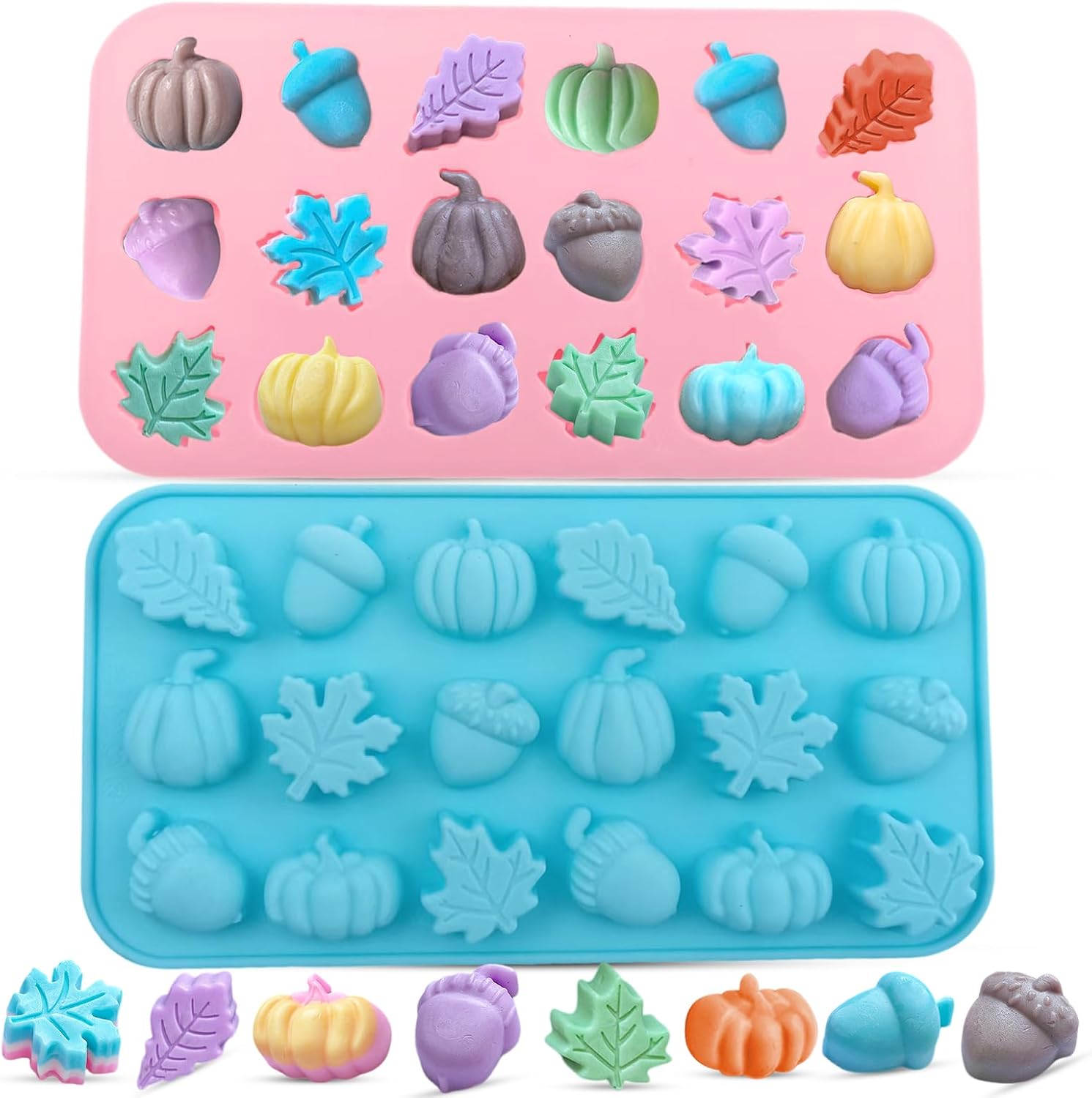 2PCS Mini Fall Molds, 18-Cavity Pumpkin Acorn Maple for Chocolate Candies