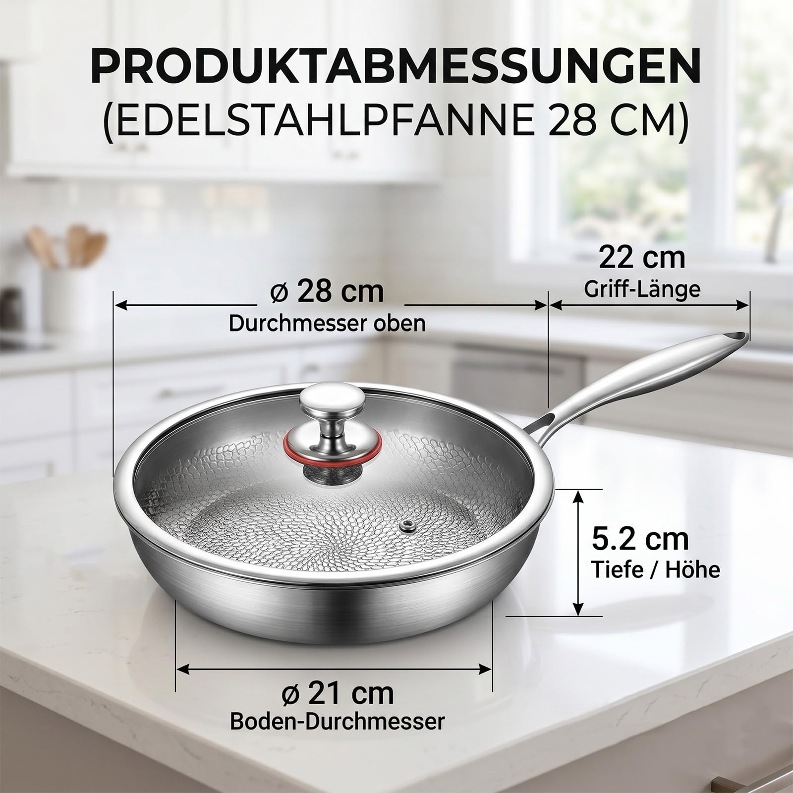 Titan Pfanne, Titan Bratpfanne, 28 CM Titanium Pfanne Unbeschichtet,Titanium Hammered Pan Pro mit Deckel, Physikalische Antihaft-Struktur durch gehämmertes Muster, Für alle Herdarten Induktion