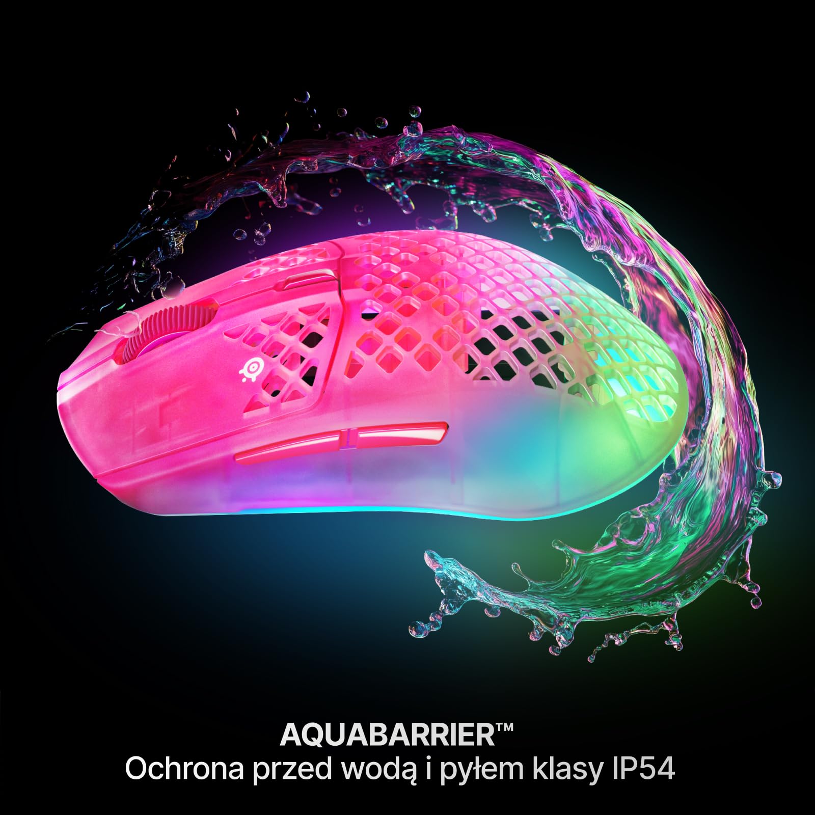 SteelSeries Aerox 3 Wireless Gen 2 – superlekka mysz dla graczy, polling 4K, sensor optyczny 26K DPI, 200 godzin pracy, wodoodporność IP54, 80 mln kliknięć, RGB, ślizgacze 100% PTFE, Magenta Haze
