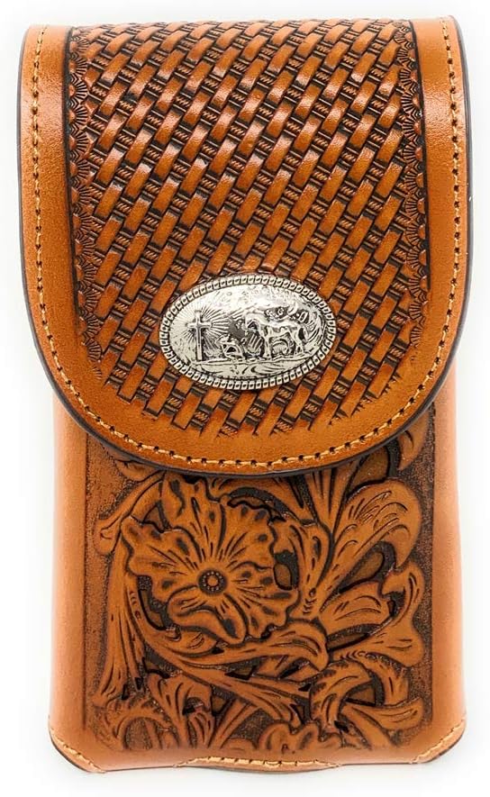 Texas West Western Cowboy Tooled Floral Leather Praying Cowboy Concho Belt Loop Cell Phone Holster Case in 4 Colors (Brown/Beige)