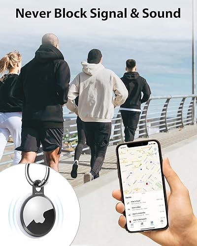 Vista 18 de Stouchi Llavero con soporte para AirTag, funda delgada invisible de aluminio para Air Tag para iPhone 15/14/13/12, perros, llaves, mochilas, 4 gris
