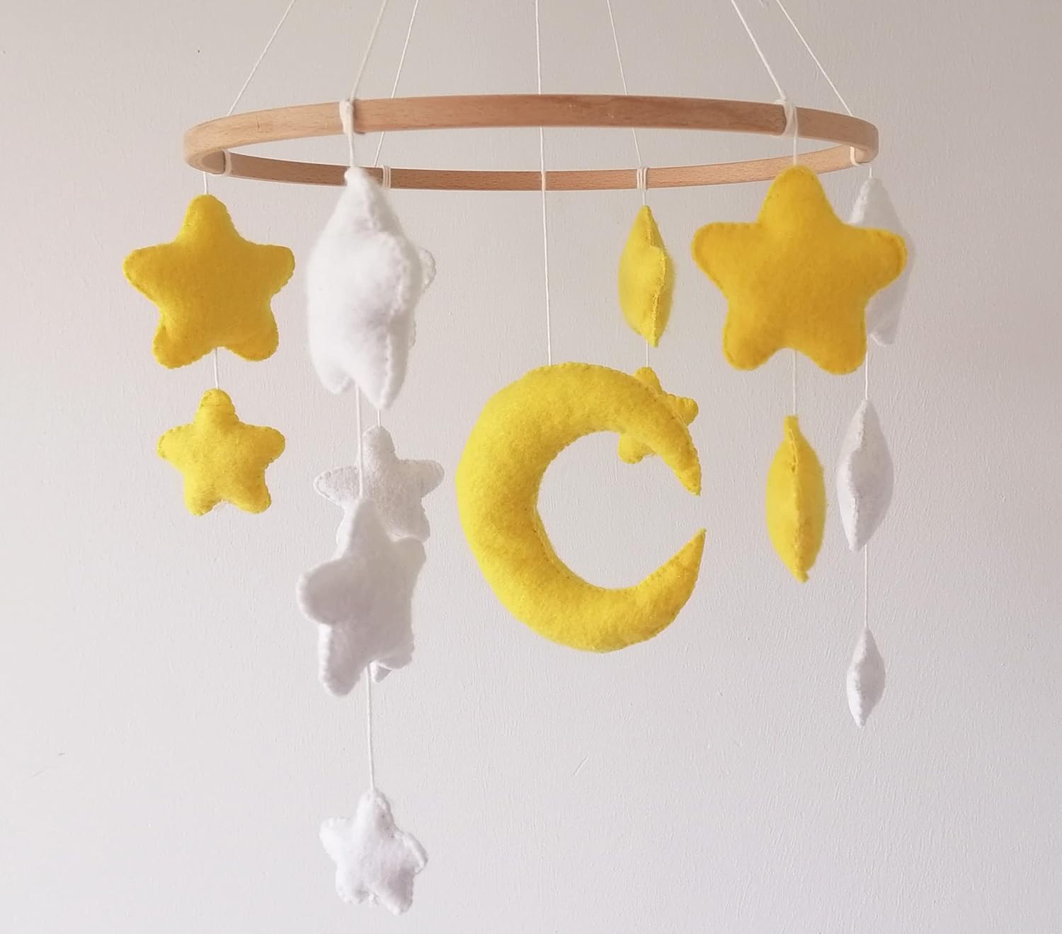 White Yellow Felt Moon Stars Baby Mobile for Neutral Nursery,Present for Newborn,boy or Girl Hanging Mobile,Baby Shower Gift Ideas,Handmade Handcrafted
