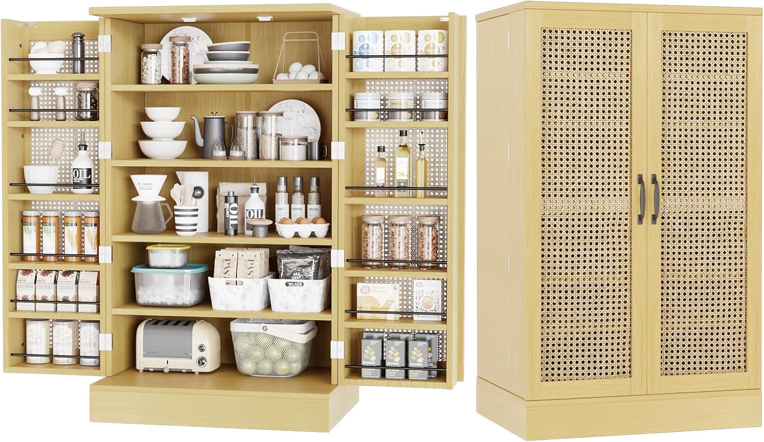 VINGLI Pantry Cabinet, open view with items