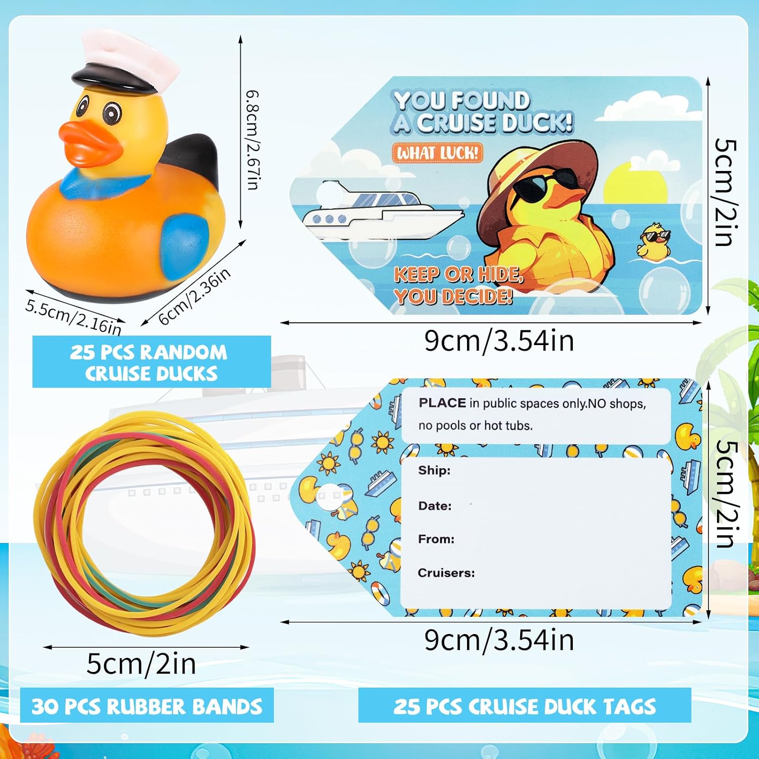 Prudiut 80 Pieces Rubber Ducks for Cruise Ships Hiding with Tags Kits | Includes 25 Pcs Cruise Duck 25 Cruising Ducks Tags 30 Rubber Bands for 2026 Cruises Ship Essentials