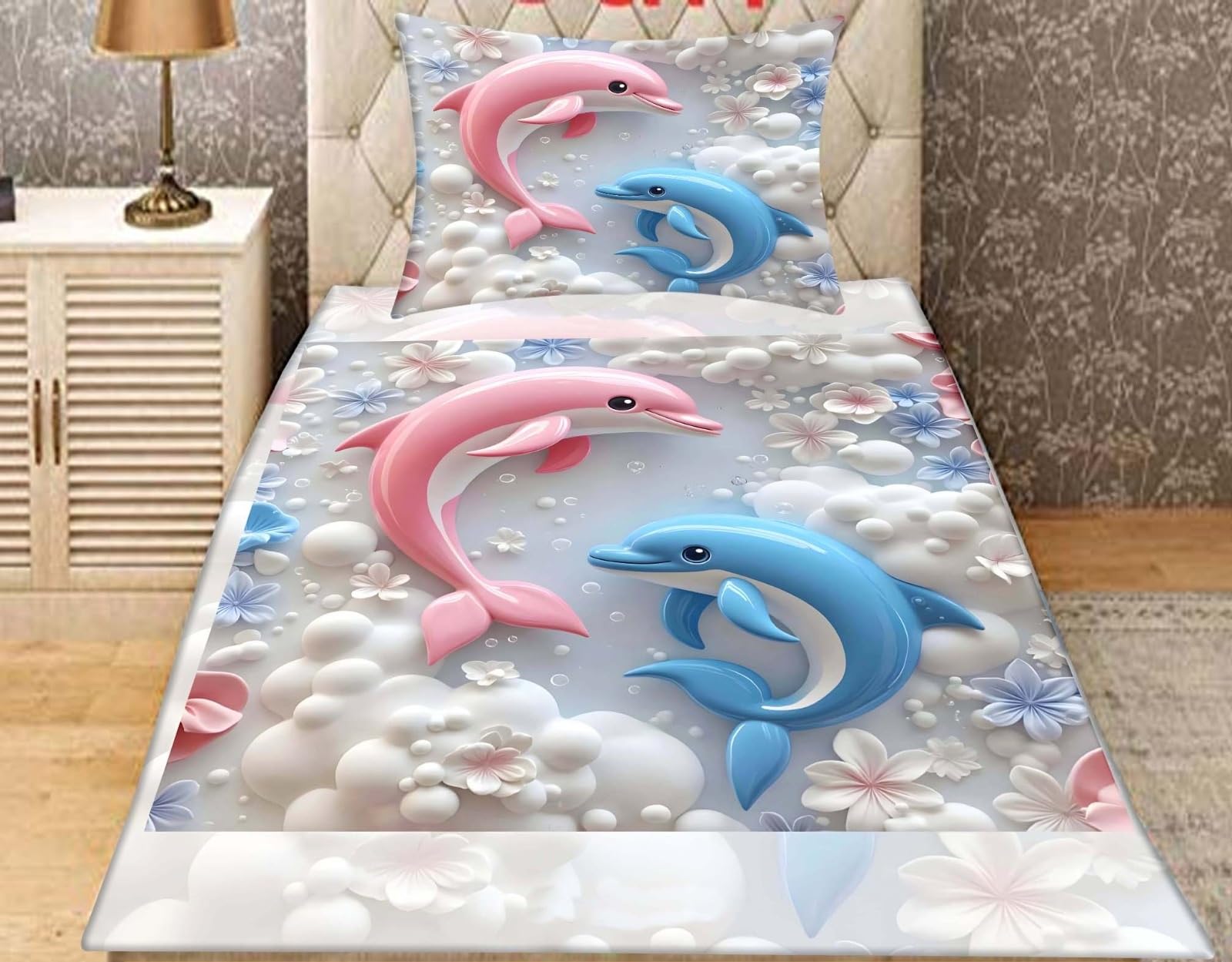 3D Decorative Bedding Set, Premium Velvet Single Bed Sheet with Pillow Cover, Winter Themed Design, 225 x 250 cm (1 bedsheet + 1 Pillow Cover) (Dolphin)-picture-24