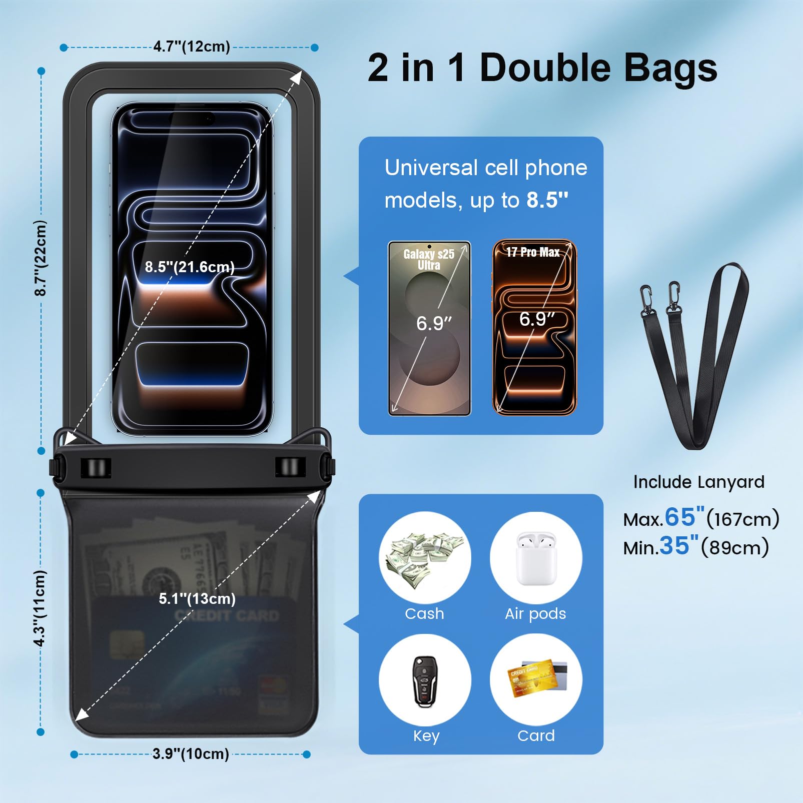 Rynapac Funda impermeable de doble espacio para teléfono, paquete de 2 fundas impermeables para teléfono con cordón para iPhone 15, 14, 13, 12, 11, Pro Max, XS, XR, Galaxy S21 Pixel de hasta 8