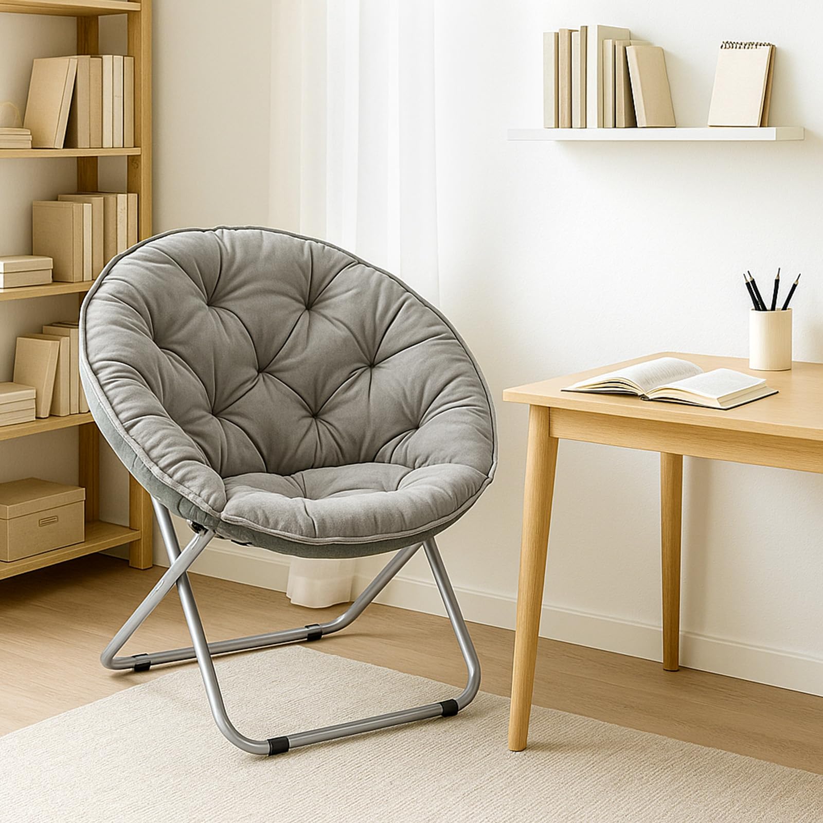 Sessel Mondförmiger Klappstuhl Runder Lesesessel Mit Eisenbeinen Loungesessel Bequemer Sessel Zum Lesen Im Wohn-Und Schlafzimmer Plüsch Grau (Gray)