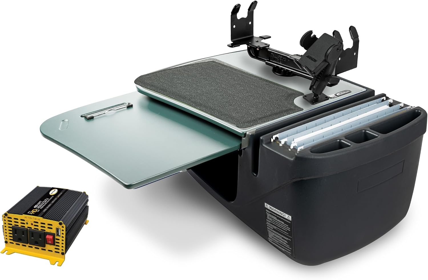 AutoExec GripMaster Car Desk for Your Vehicle Workstation and Mobile Office, Fog, with 400 watt Power Inverter, Phone Mount and Printer Stand