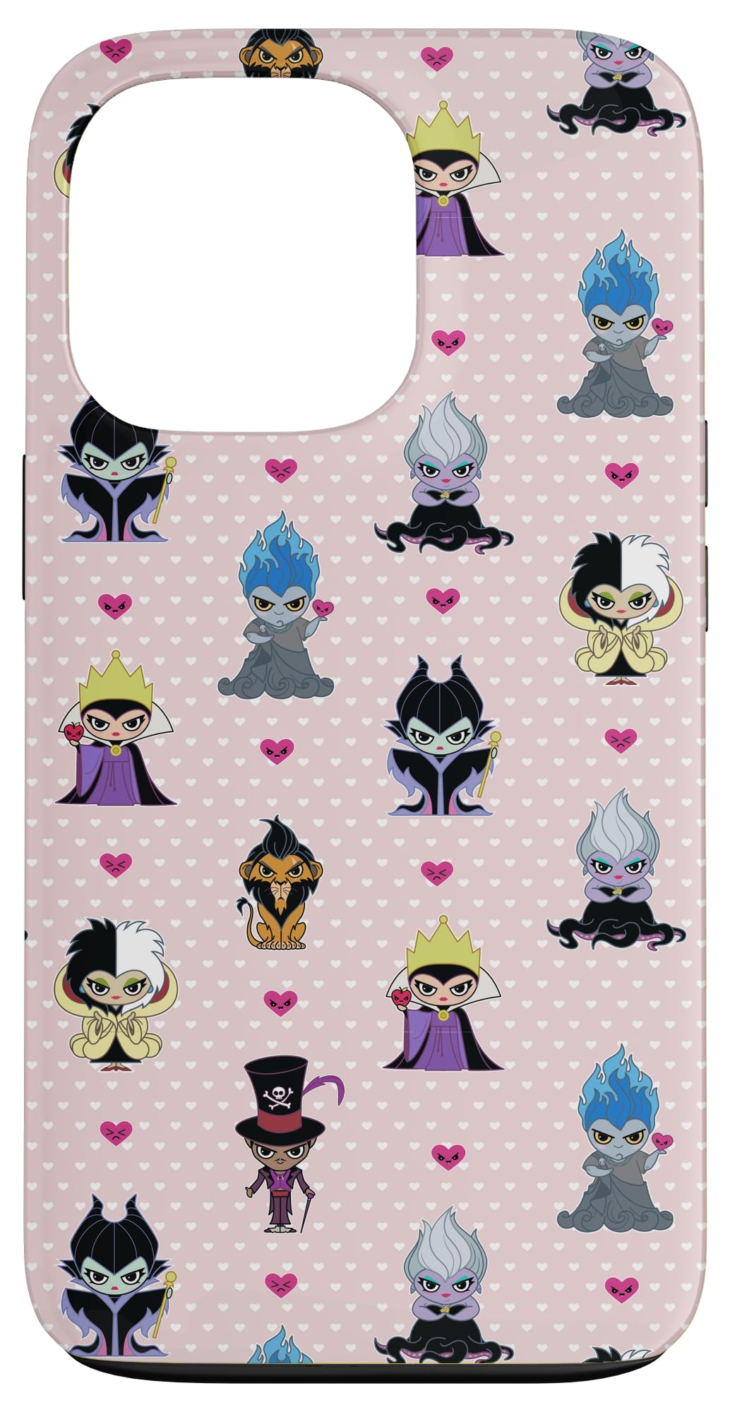 Custodia per iPhone 13 Pro Disney Villains Kawaii Chibi Cuori Rosa