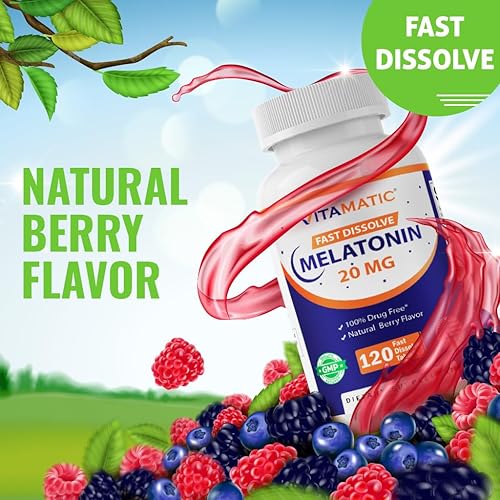 Miniatura 4 de Vitamatic Tabletas de melatonina de 20 mg  Sabor natural a bayas  120 tabletas vegetarianas por botella  6 botellas (total 720)