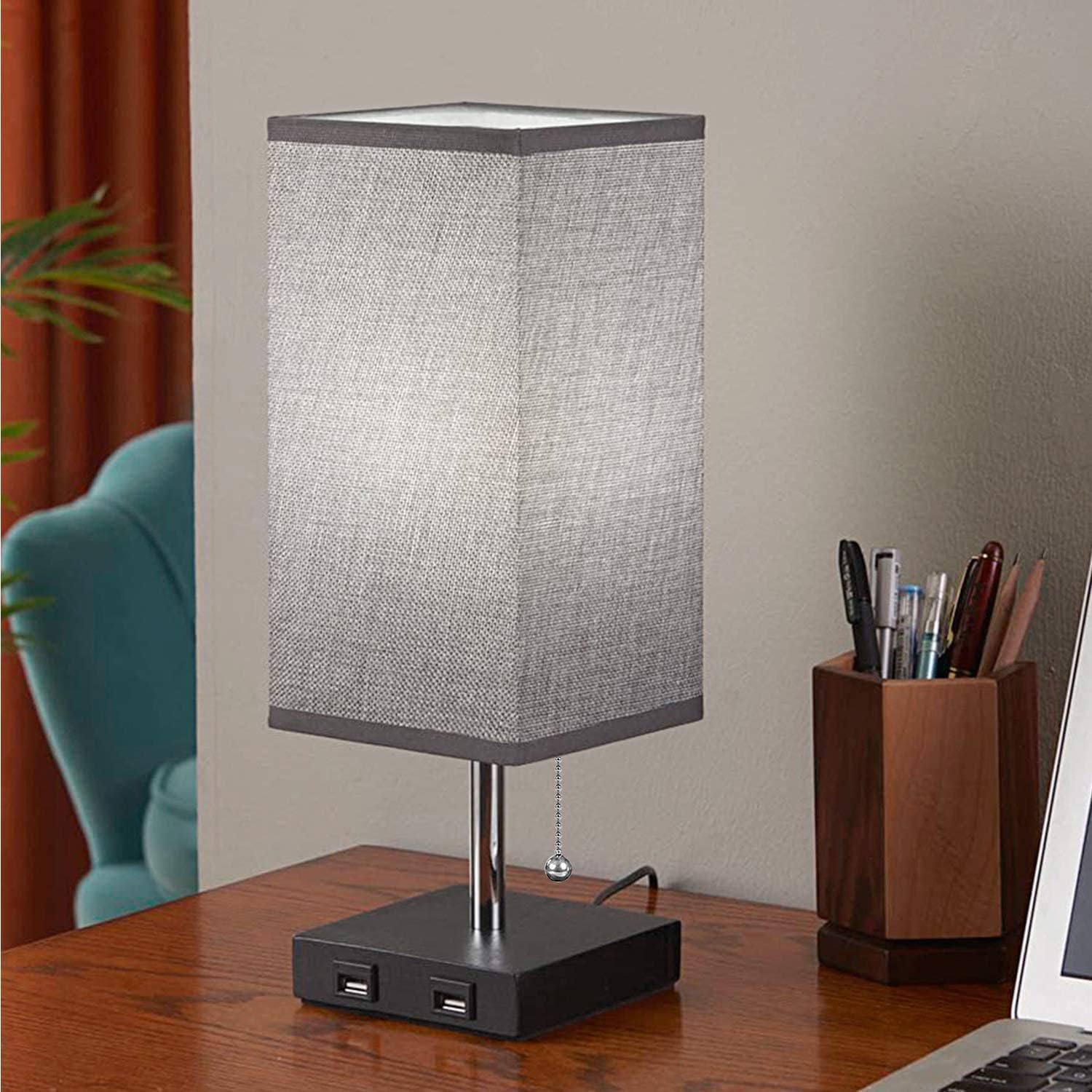 Seealle Table Lamp for Bedroom, Grey USB Bedside Lamp with 2 USB Fast Charging Port, 10 Inch Small Nightstand Lamp Desk Lamp with Solid Wood Base Pull Chain Lamp for Bedroom Living Room Guest Room