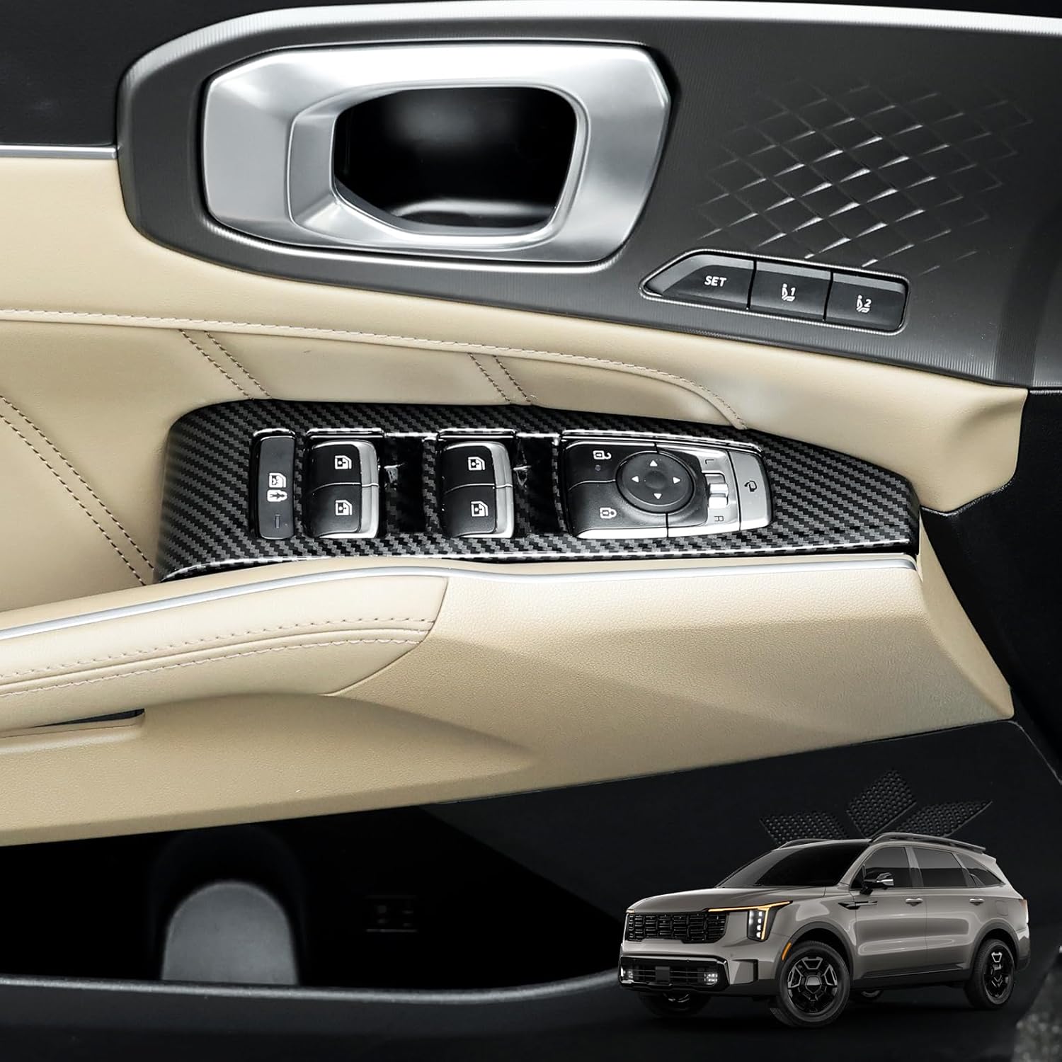 Carbon Fiber Grain ABS Car Interior Window Switch Panel Cover Side Door Glass Lock Control Button Frame Cover Set Compatible with Kia Sorento 2021-2025 MQ4 Accessories