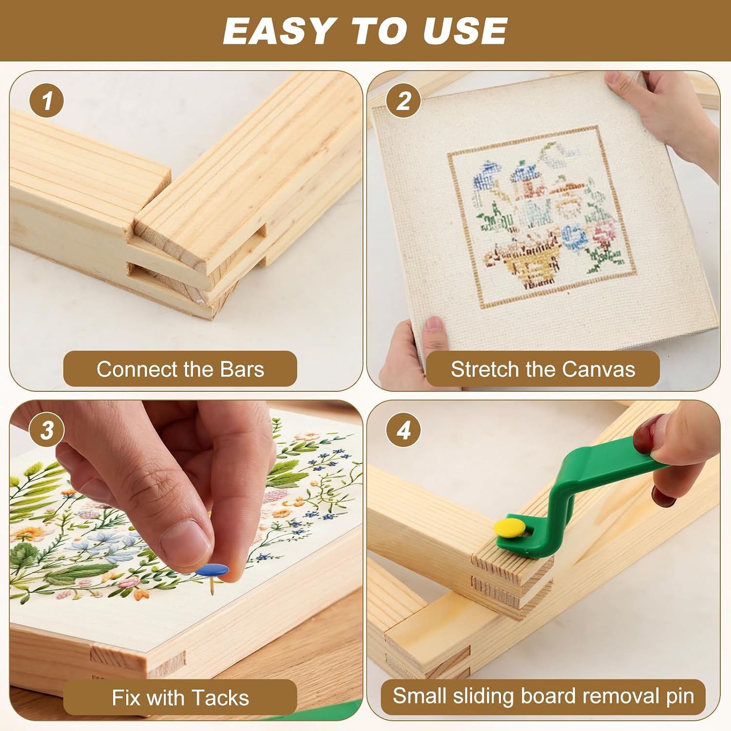 12 Pcs Stretcher Bars for Needlework, 3 Sizes Wooden Canvas Splicing Needlepoint Stretcher Bar with 100 Thumb Tacks and 2 Pry Tools, DIY Needlepoint Embroidery Stitch Frame Set for DIY Crafts