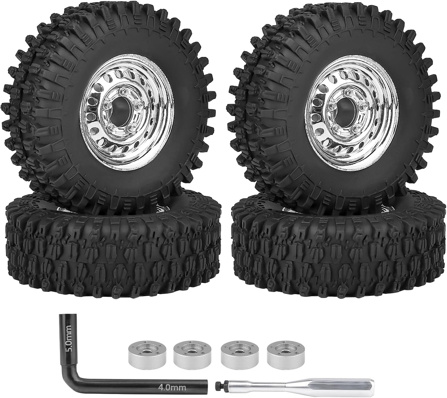 HobbyPark 1.0 Beadlock Wheels and Tires Negative Offset Stamped Steel 1.0" Wheels 1.0 Beadlocks for 1/24 1/18 RC Crawler TRX4M SCX24 FCX24 Upgrades Parts Soft Rubber Good Grip (w/53x19mm Tires)