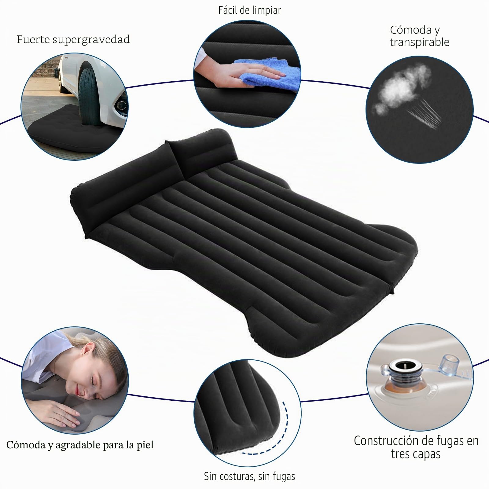 SUV Colchón de Coche Inflable con Bomba y Almohada, Cama de Aire Portátil para Viajes Camping Aire Libre, Grueso Cómodo Duradero Negro