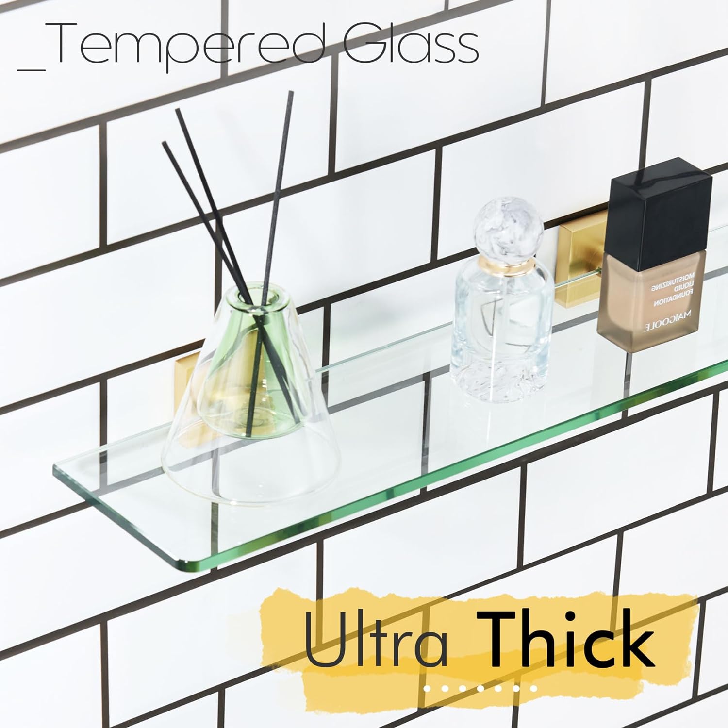 KOKOSIRI Floating Wall Shelf 16-Inch Bathroom Tempered Glass Shelves Shower Rack Kitchen Storage Home Decor, 2 Pack Gold Stainless Steel B1107BG-L16-P2